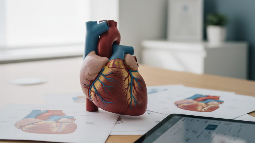 A close-up, photographic realism image of a detailed anatomical heart model on a polished light-wood desk in a Sussex heart clinic. The heart model shows clearly defined arteries and veins in deep crimson and soft blue, with subtle matte texture and fine surface ridges. Around it lie neatly arranged, high-quality printed heart diagrams and an open tablet displaying a clean, minimalist cardiology dashboard. Soft, diffused daylight from a nearby window casts gentle highlights on the model’s contours and creates mild shadows that add depth. Shot from a slightly elevated angle with a shallow depth of field, the background fades into a calm blur of white walls and muted blue clinic accents, evoking a professional, educational, and reassuring mood.