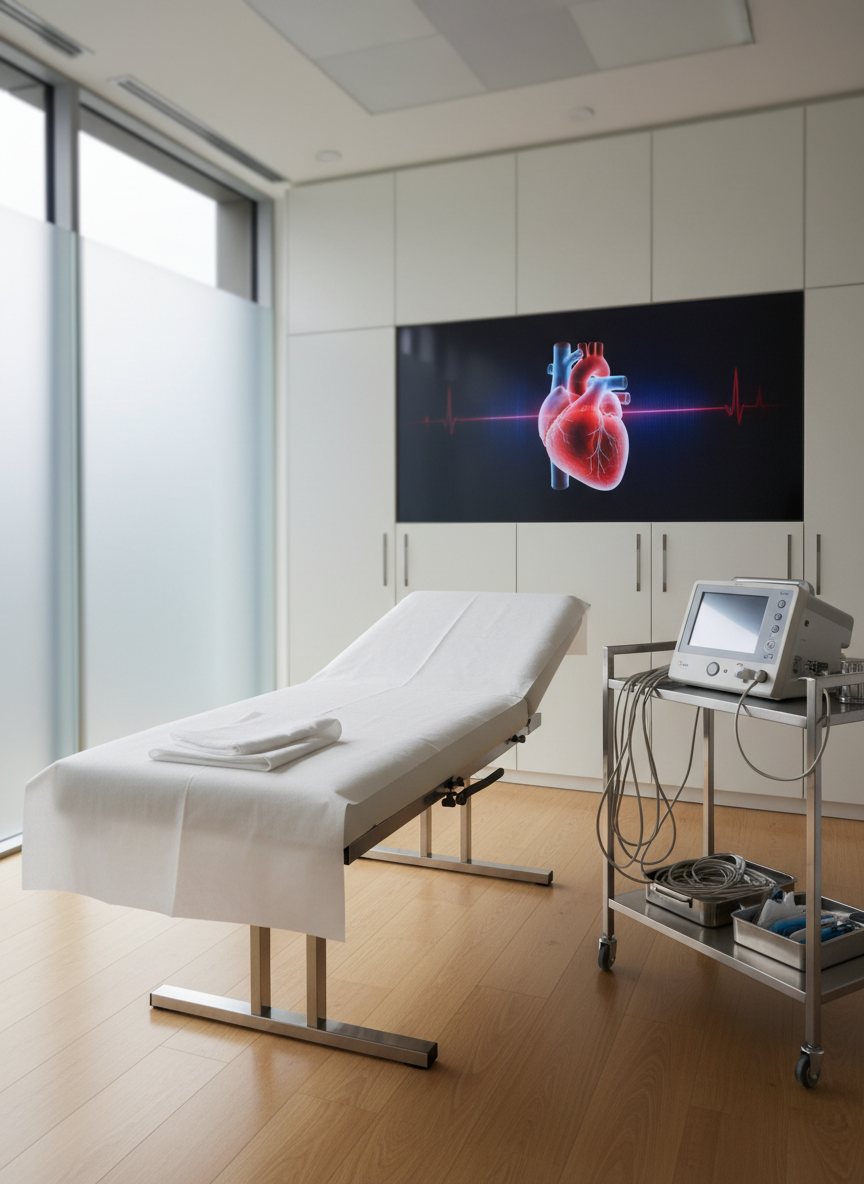 A state-of-the-art cardiology consultation room in a modern Sussex heart clinic, with a sleek, wall-mounted 3D heart model glowing in soft red and blue tones on a large diagnostic screen. A spotless white examination couch with crisp, neatly folded paper sits beside a compact, high-end ECG machine with tidy, coiled leads resting on a stainless-steel trolley. Natural daylight filters through frosted glass windows, creating a calm, even illumination with gentle, grounding shadows. Photographic realism, eye-level composition, and a clean, modern aesthetic emphasize precision and professionalism, with a shallow depth of field softly blurring discreet medical storage cabinets in the background to maintain a serene, reassuring atmosphere.