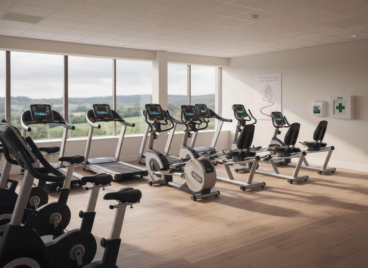 A serene cardiac rehabilitation area within a Sussex heart clinic, shown in photographic realism, without any people. Several neatly aligned, high-quality stationary bikes and treadmills face a large window revealing a soft-focus glimpse of green Sussex countryside. The machines are modern, with clear digital heart rate displays glowing in soft blues and greens. Warm, diffused daylight pours in, creating long, gentle shadows on the pale oak floor and highlighting the clean lines of the equipment. A subtle heart-health poster and a discreet wall-mounted defibrillator add clinical context. Shot from a slightly elevated angle with sharp focus throughout, the space appears calm, safe, and encouraging, blending medical precision with a welcoming, supportive atmosphere.