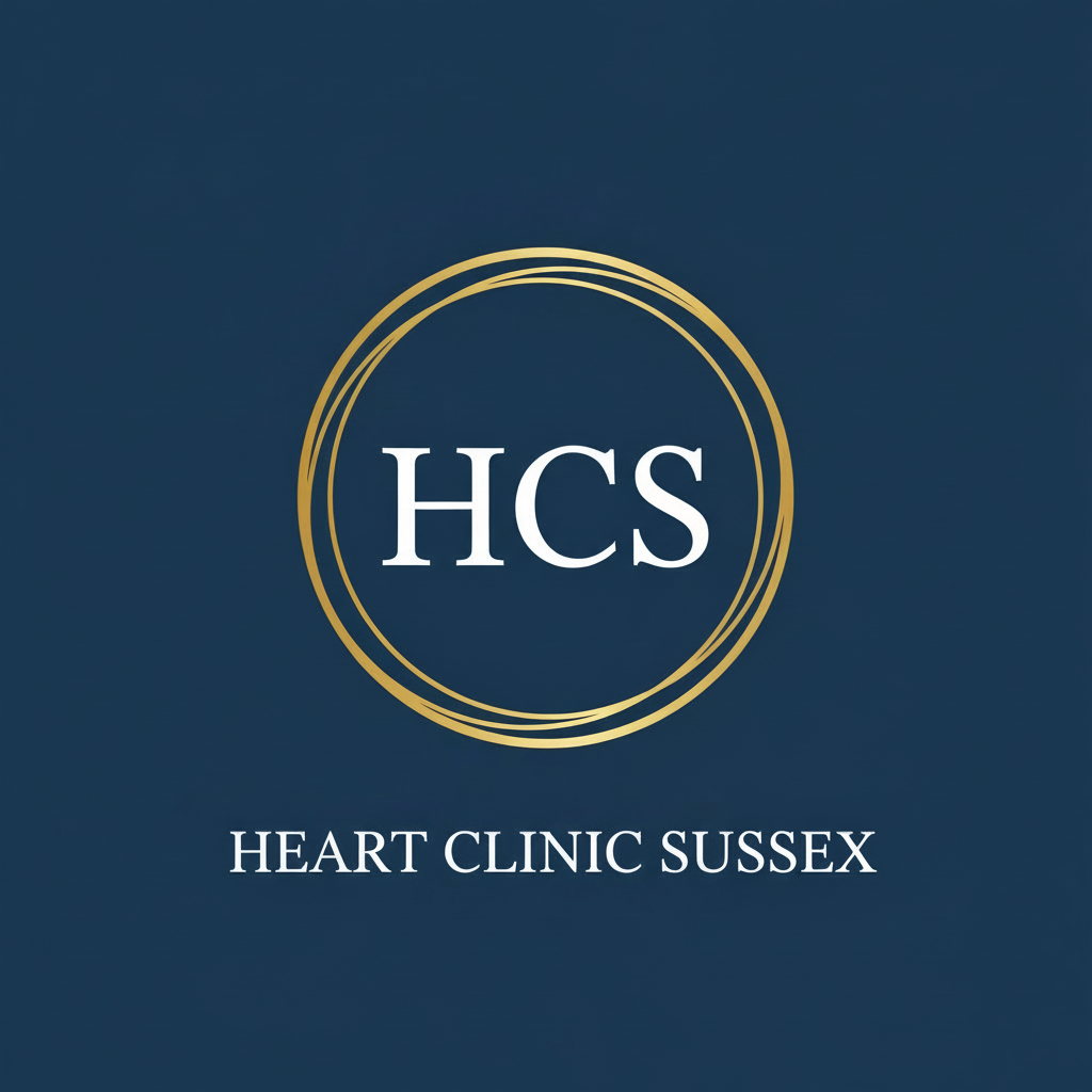 Edit the existing square Heart Clinic Sussex logo to change all black text to white so it is clearly readable on a dark or black background. Keep the same layout, typography, and design. Maintain a clean, professional medical logo style.